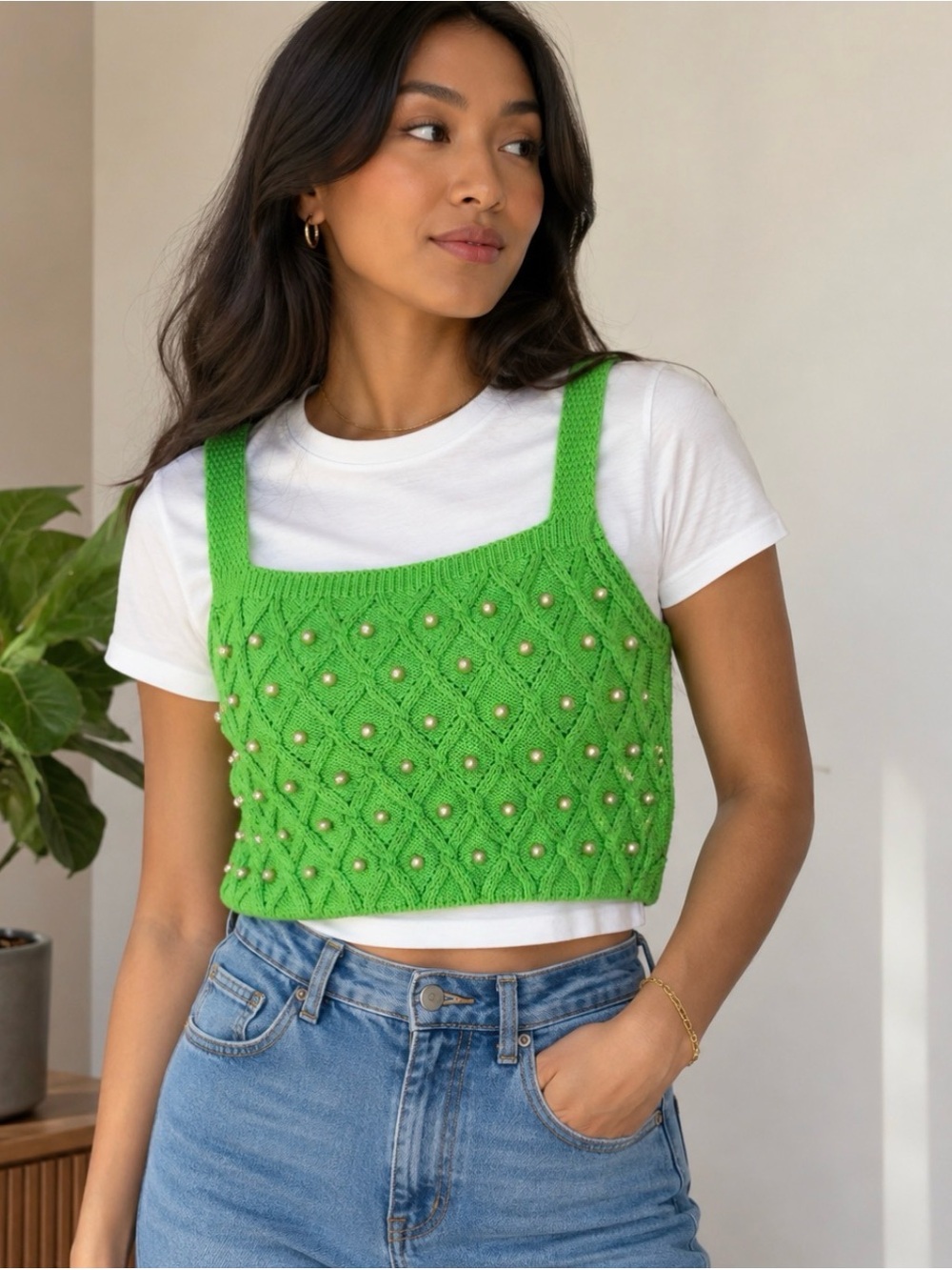 Zara Green Knit Pearl Beaded Crop Tank